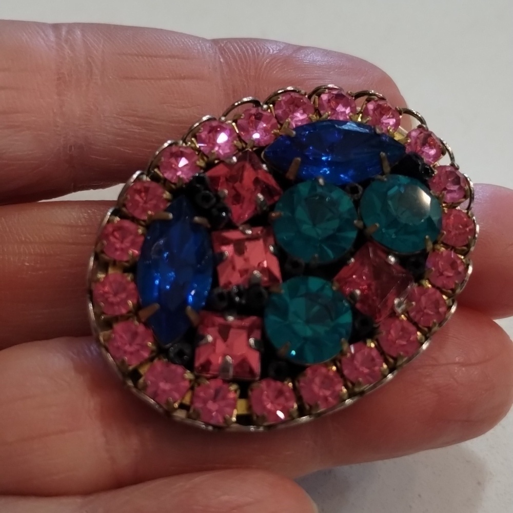 Fuchsia & Blue rhinestone crystal stone brooch oval 1.5"